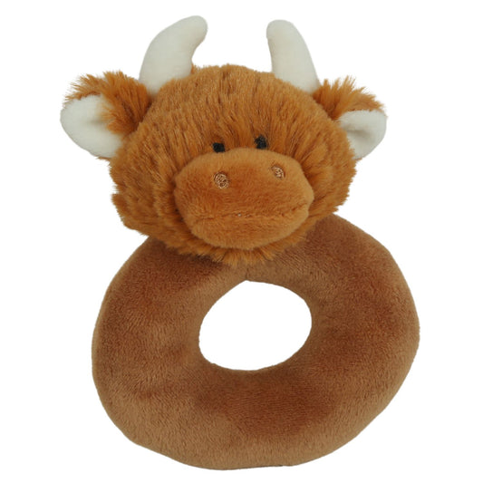 a donut shaped new baby rattle in brown soft plush fabric with a cute brown highland cows head with cream horns and ears