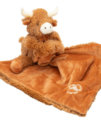 a brown coloured fluffy highland cow soother toy and security blanket with the plush side of the blanket displayed