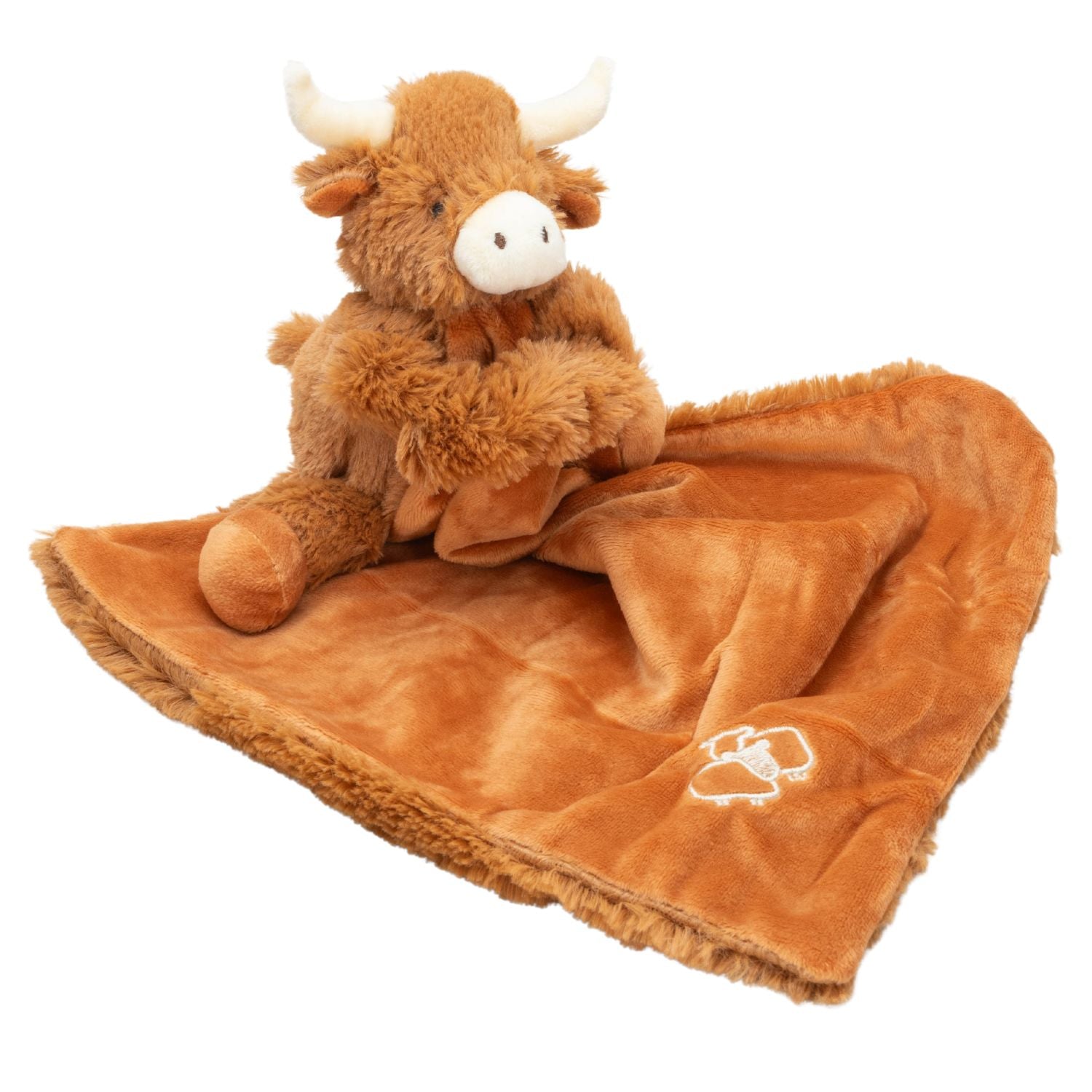 a brown coloured fluffy highland cow soother toy and security blanket with the plush side of the blanket displayed