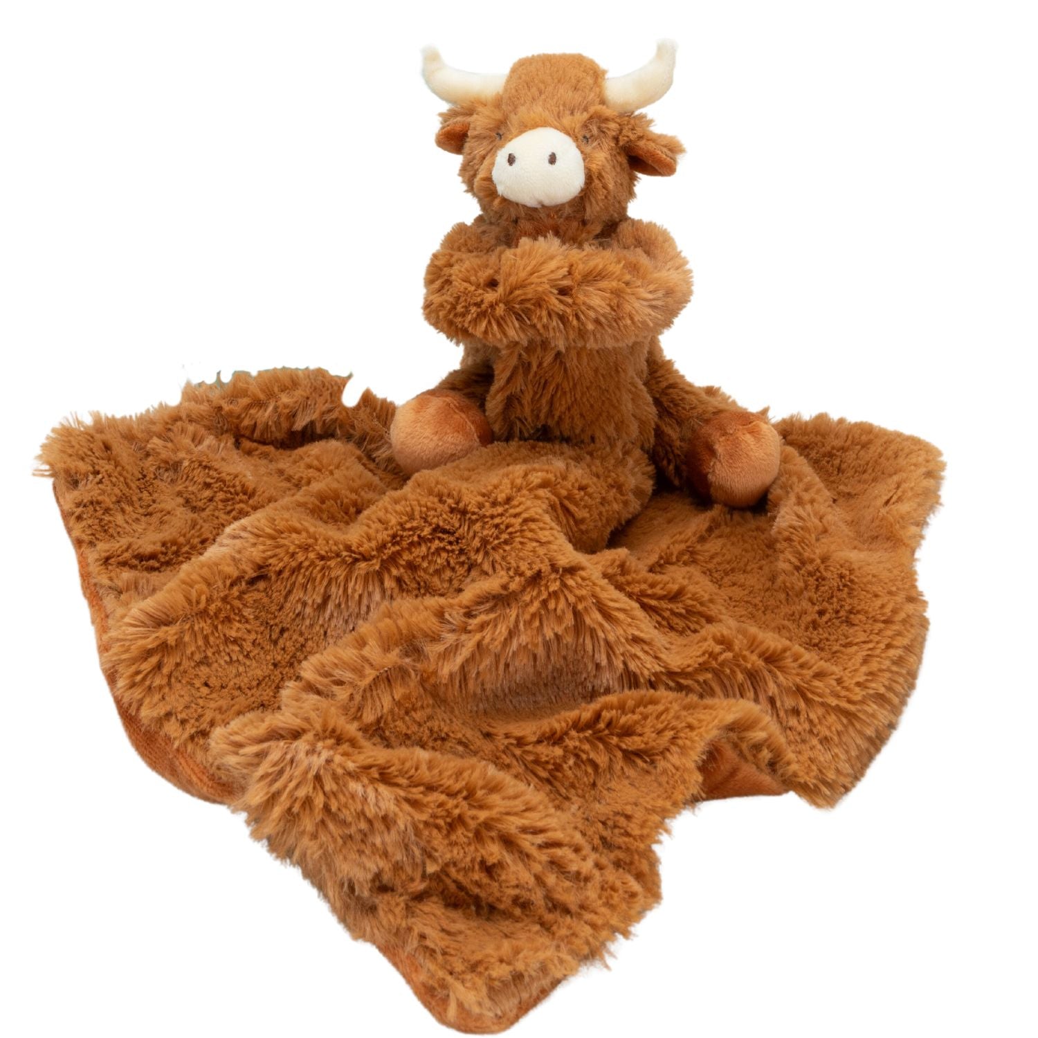 a brown coloured fluffy highland cow soother toy and security blanket with the fluffy side of the blanket displayed