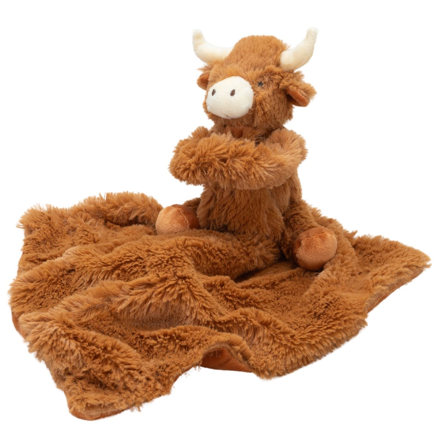 a fluffy brown highland cow soother toy and security blanket with the fluffy side of the blanket displayed