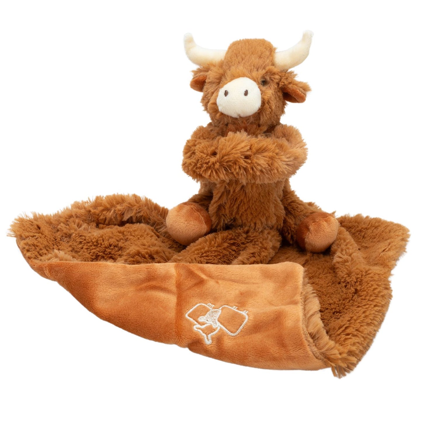 a fluffy brown highland cow soother toy and security blanket showing both the fluffy and plush sides of the blanket