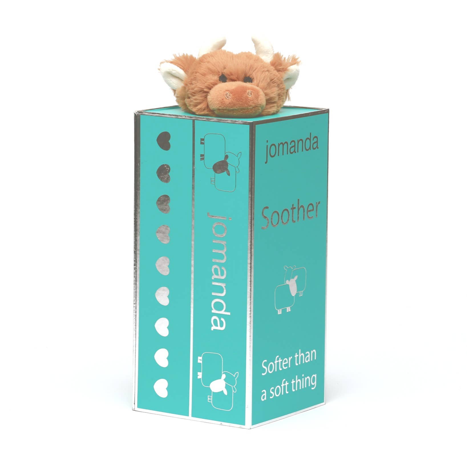 the jomanda toys turquoise and silver gift box shown with the highland cow soother