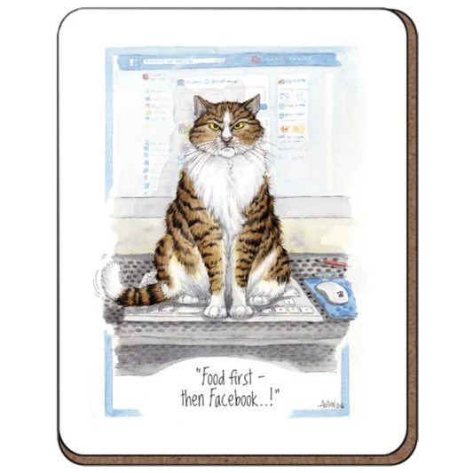 Coaster featuring a grumpy cat sitting on a keyboard demanding food.