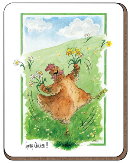 A cheerful cartoon chicken dances in a sunny meadow holding flowers, beneath blue skies with fluffy clouds. Spring Chicken!! is written below. Perfect for farm lovers, this is the Funny Hen Coaster by Alisons Animals.