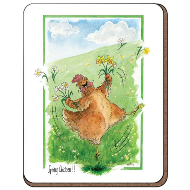 A cheerful cartoon chicken dances in a sunny meadow holding flowers, beneath blue skies with fluffy clouds. Spring Chicken!! is written below. Perfect for farm lovers, this is the Funny Hen Coaster by Alisons Animals.