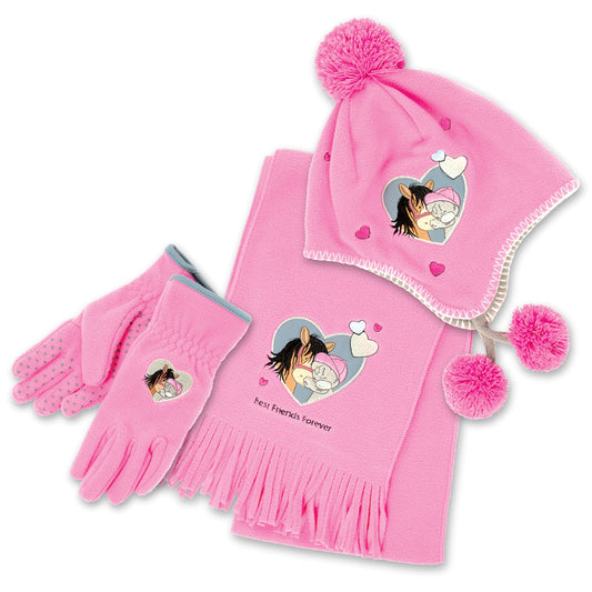 light pink fleece pom pom hat, scarf and gloves.  With Me To You Tatty Teddy heart design.   The hat has a grey fleece lining and pink pom poms and is finished with blanket stitch around the edge.  The gloves have grey pimple palms for grip, elasticated wrists for a snug fit and are finished with a grey edging.