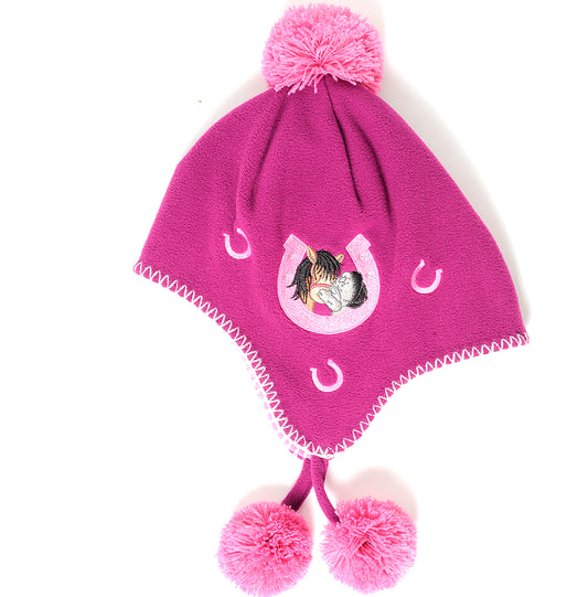 berry pink fleece hat with pink pom poms and Me To You Tatty Teddy and pony in a horseshoe embroidered design