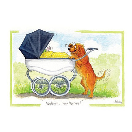 A cheerful brown dog greets a baby in a stroller with a yellow blanket, alongside â€œWelcome, new human!â€â€”a delightful outdoor scene on the Alisons Animals Funny Dog Card Welcome New Baby from Alisons Animals.