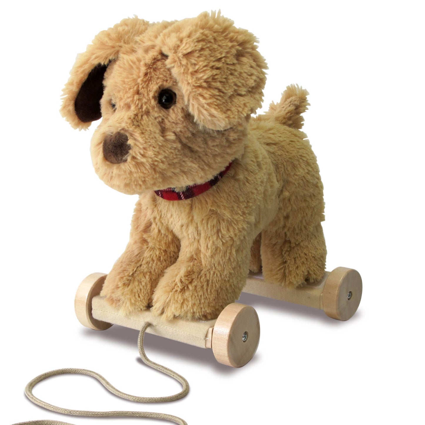 an adorable pull along labrador puppy soft toy on wooden wheels with gorgeous golden soft fur