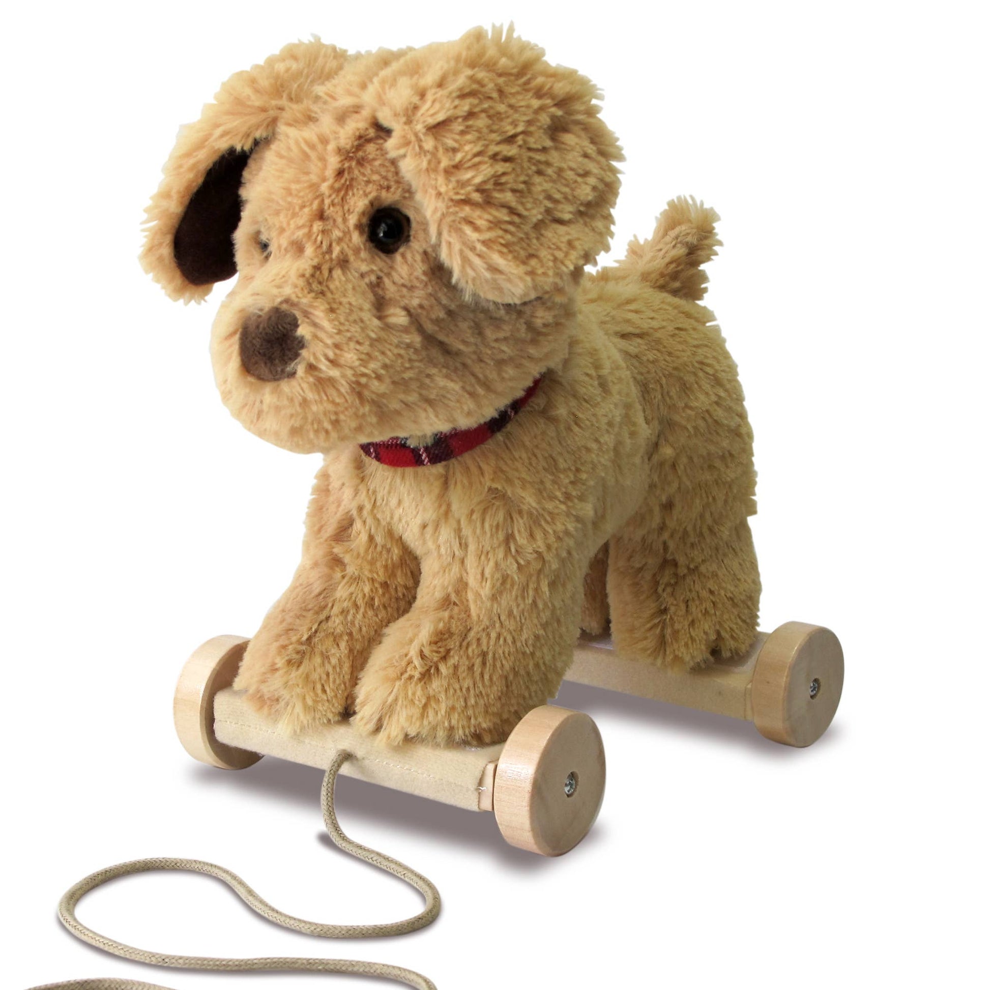 an adorable pull along labrador puppy soft toy on wooden wheels with gorgeous golden soft fur
