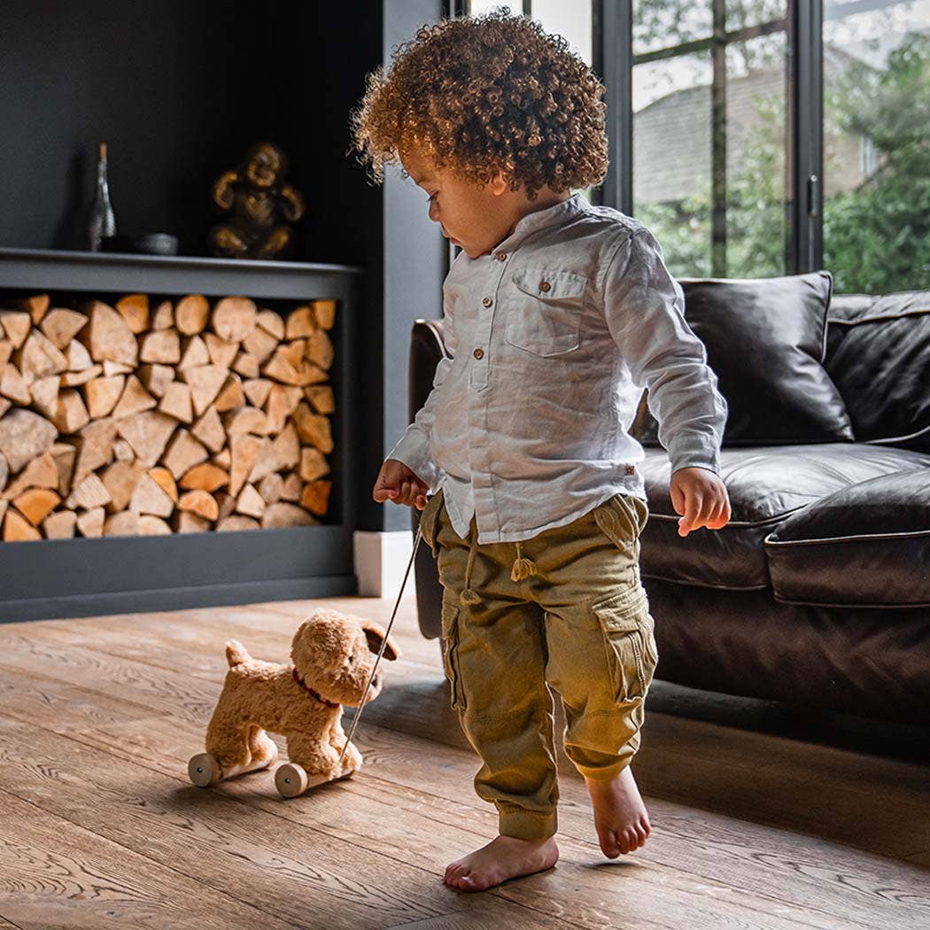 a toddler pulling along an adorable labrador puppy soft toy on wooden wheels 