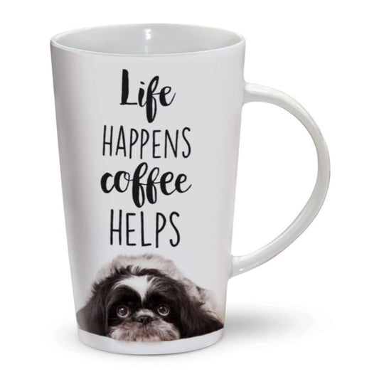 The Otter House Dog Mug features a charming Life Happens Coffee Helps design above a dogs face, making it the perfect gift for dog lovers.