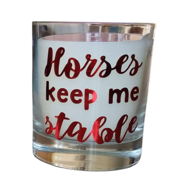 The Quaver&Lyric Scented Candle In Glass Container features â€œHorses keep me stableâ€ in red cursiveâ€”a thoughtful horse loverâ€™s gift that combines charming design with soothing premium fragrance.