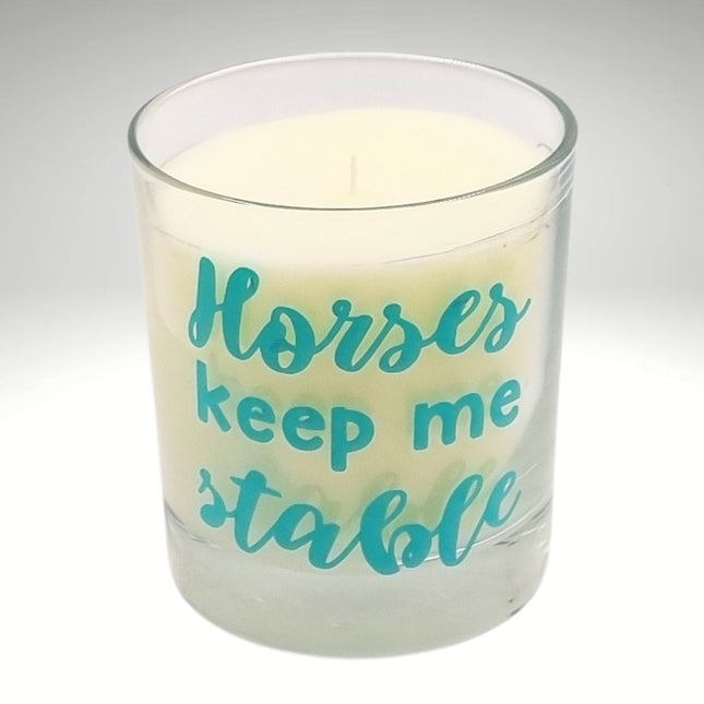 The Quaver&Lyric Scented Candle in Glass Container features a Horses Keep Me Stable designâ€”an ideal gift for horse lovers, crafted with premium fragrances.