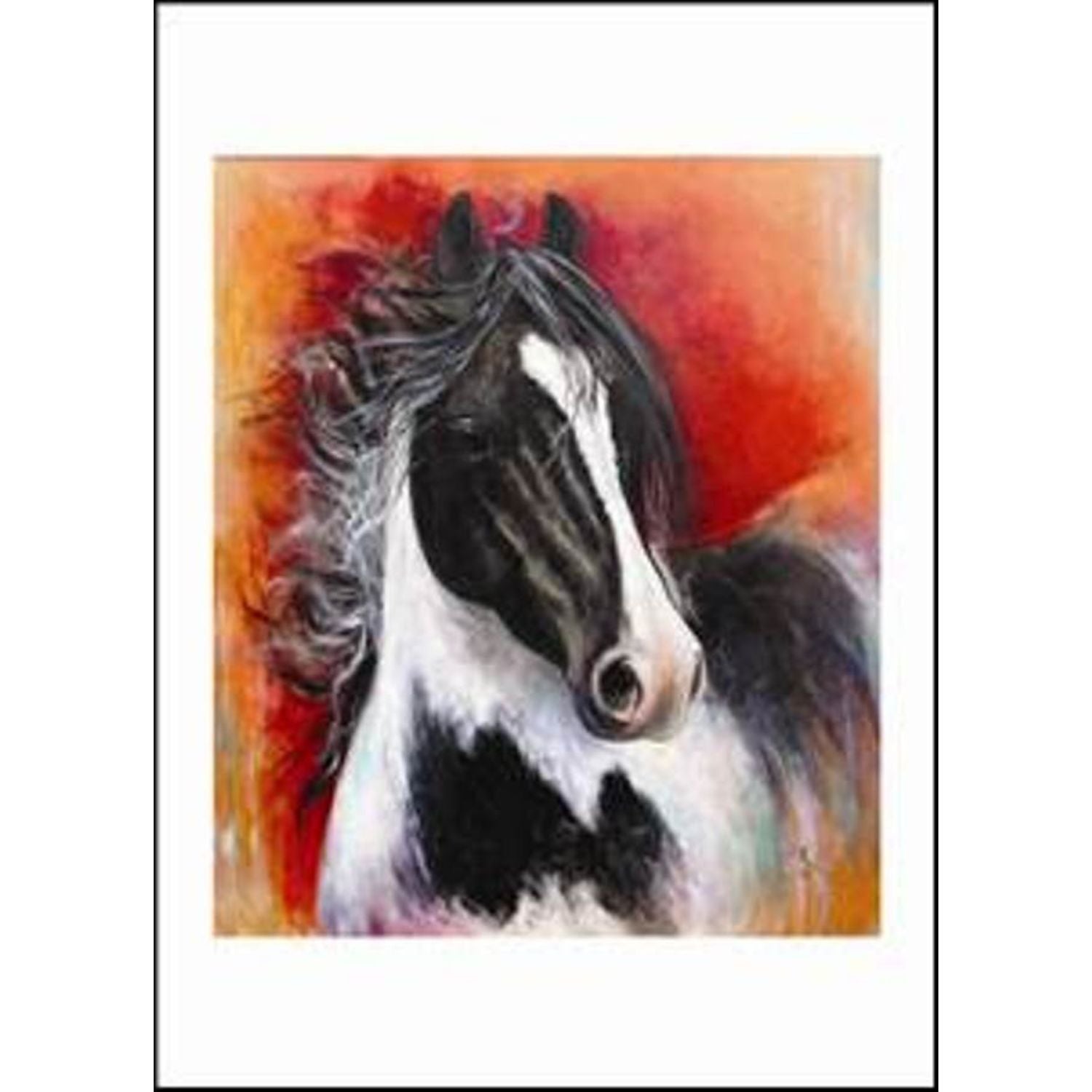 an equestrian greeting card featuring a drawing of a striking skewbald horse