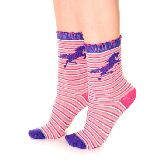 ankle length socks with pink grey and white small horizontal stripes with a cantering purple horse on the ankle