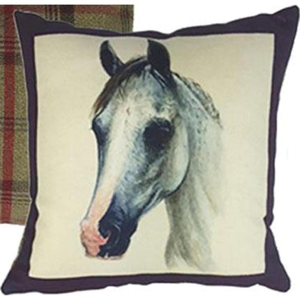 The Portraits Equestrian Design Cushion Featuring Grey Horse by Equinaliagifts showcases a realistic grey horse with a dark mane, bordered by a dark frame on red and green plaid for classic equestrian style.
