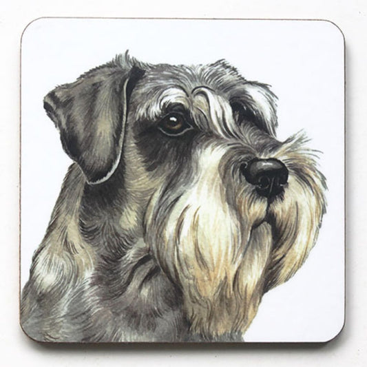 The WaggyDogz Schnauzer Dog Coaster features a gray and white Schnauzer with a bushy beard and eyebrows, inspired by Christine Varley’s style—ideal for home decor or gifts for dog lovers.