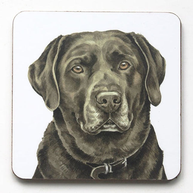 Featuring WaggyDogz’s Chocolate Labrador Dog Coaster, this square coaster displays a calm forward-facing Lab on a white background—perfect for dog lovers and showcasing Christine Varley’s signature artwork.