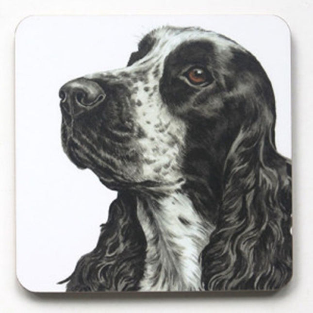 A detailed black and white profile illustration of a Cocker Spaniel with long, wavy ears and expressive eyes—WaggyDogz Cocker Spaniel Dog Coaster, inspired by Christine Varley. Perfect gift for dog lovers or unique home decor.