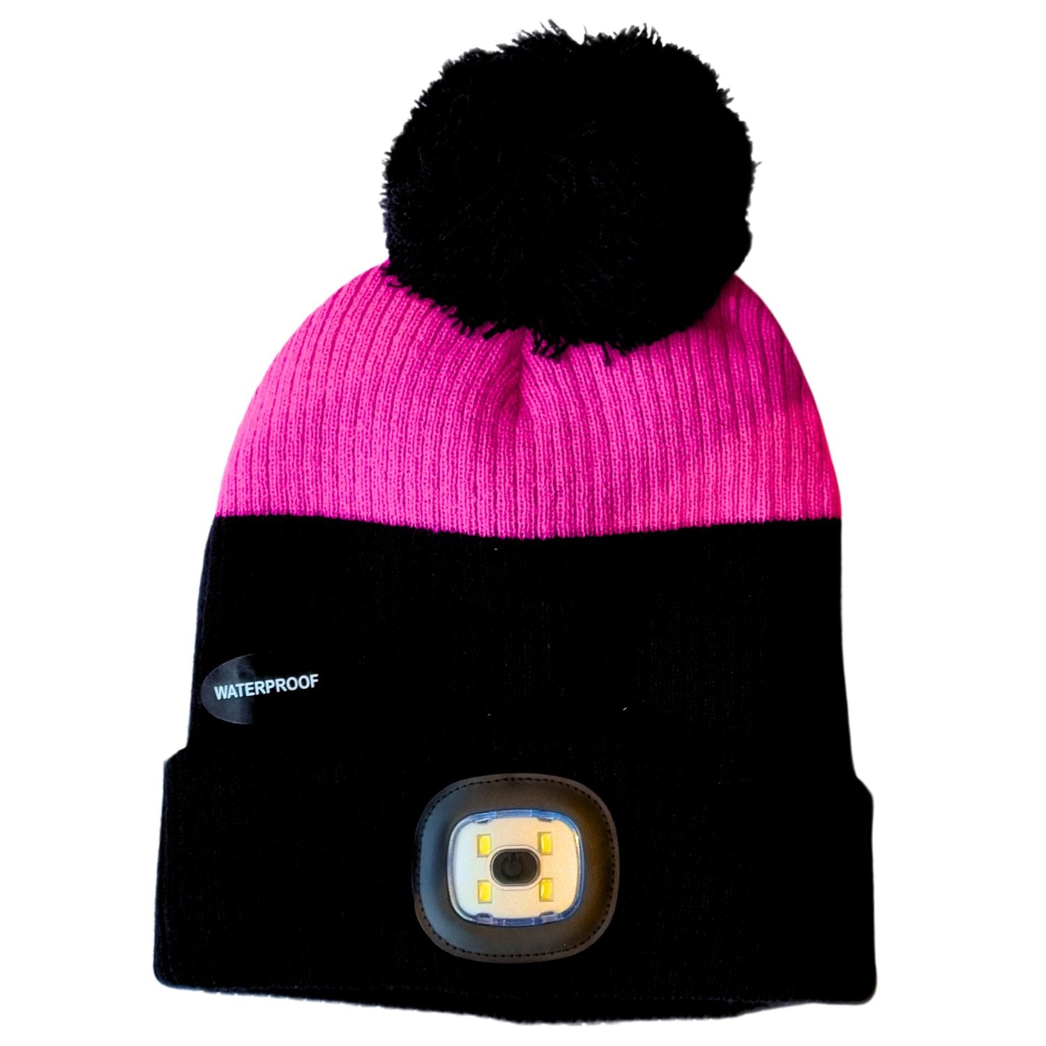 a black and pink bobble hat with a large black bobble and an LED light on the headband switched off