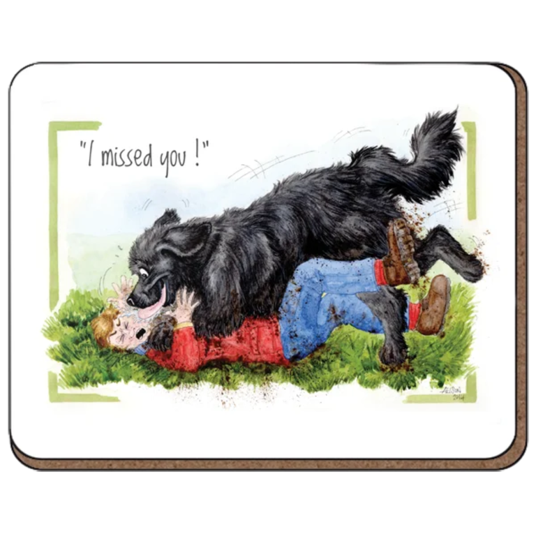 Coaster showing a cartoon black labrador covered in mud jumping on a person in a field with text reading "i missed you!"