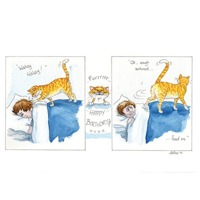 The Blank Cat Card by Alisons Animals features a funny comic cat waking someone in bed with Wakey Wakey!, wishing Happy Birthday!, then demanding, Feed me. A perfect humorous greeting card for cat lovers!.