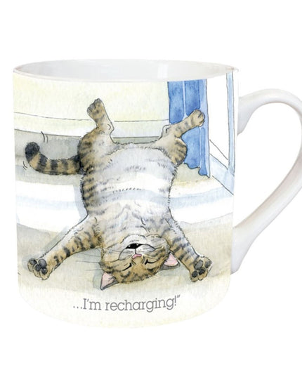 The Cat Mug Alisons Animals Re-charging Cartoon Gift Boxed by Alisons Animals features a relaxed tabby cat and the text ...Im recharging!â€”the perfect porcelain mug for cat lovers to enjoy their coffee break.