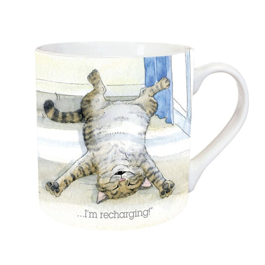 The Cat Mug Alisons Animals Re-charging Cartoon Gift Boxed by Alisons Animals features a relaxed tabby cat and the text ...Im recharging!â€”the perfect porcelain mug for cat lovers to enjoy their coffee break.