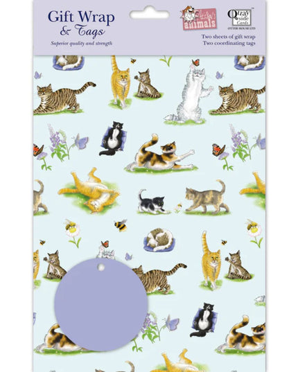 a pack of gft wrapping paper featuring a variety of adorable cats ith flowers, bees and butterflies on a pale blue background with a round lilac gift label