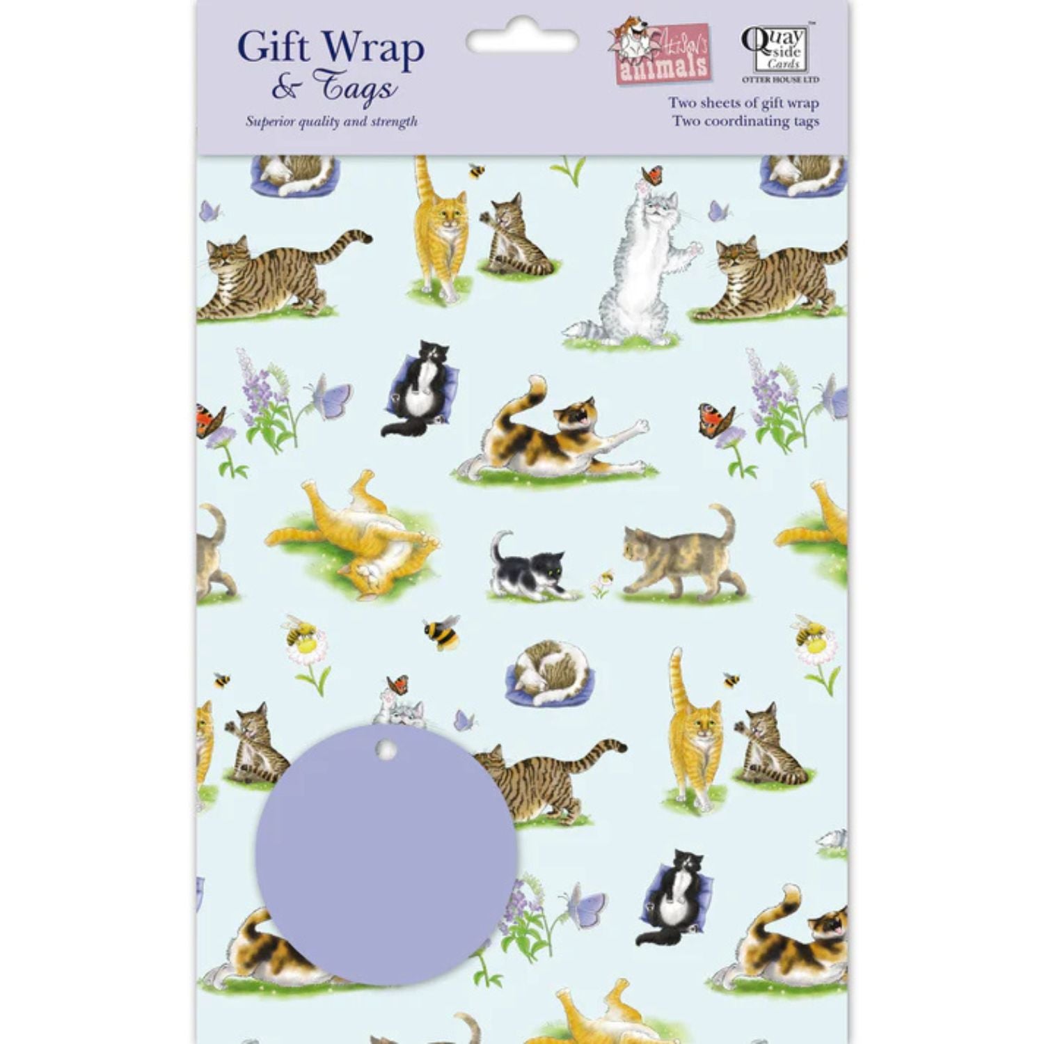 a pack of gft wrapping paper featuring a variety of adorable cats ith flowers, bees and butterflies on a pale blue background with a round lilac gift label