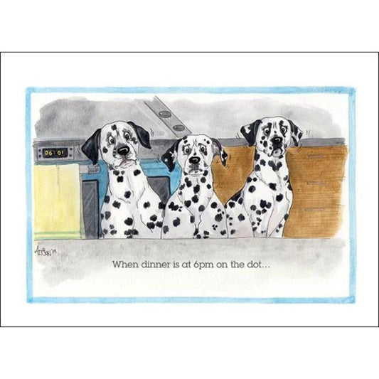 The Funny Dalmatian Dog Greeting Card by Alisons Animals shows three eager Dalmatians at a kitchen counter watching the clock strike 6pm, humorously capturing the anticipation of dinnertime.