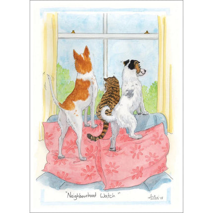 a cartoon showng two dogs and a cat standing on the sette and looking out of the window