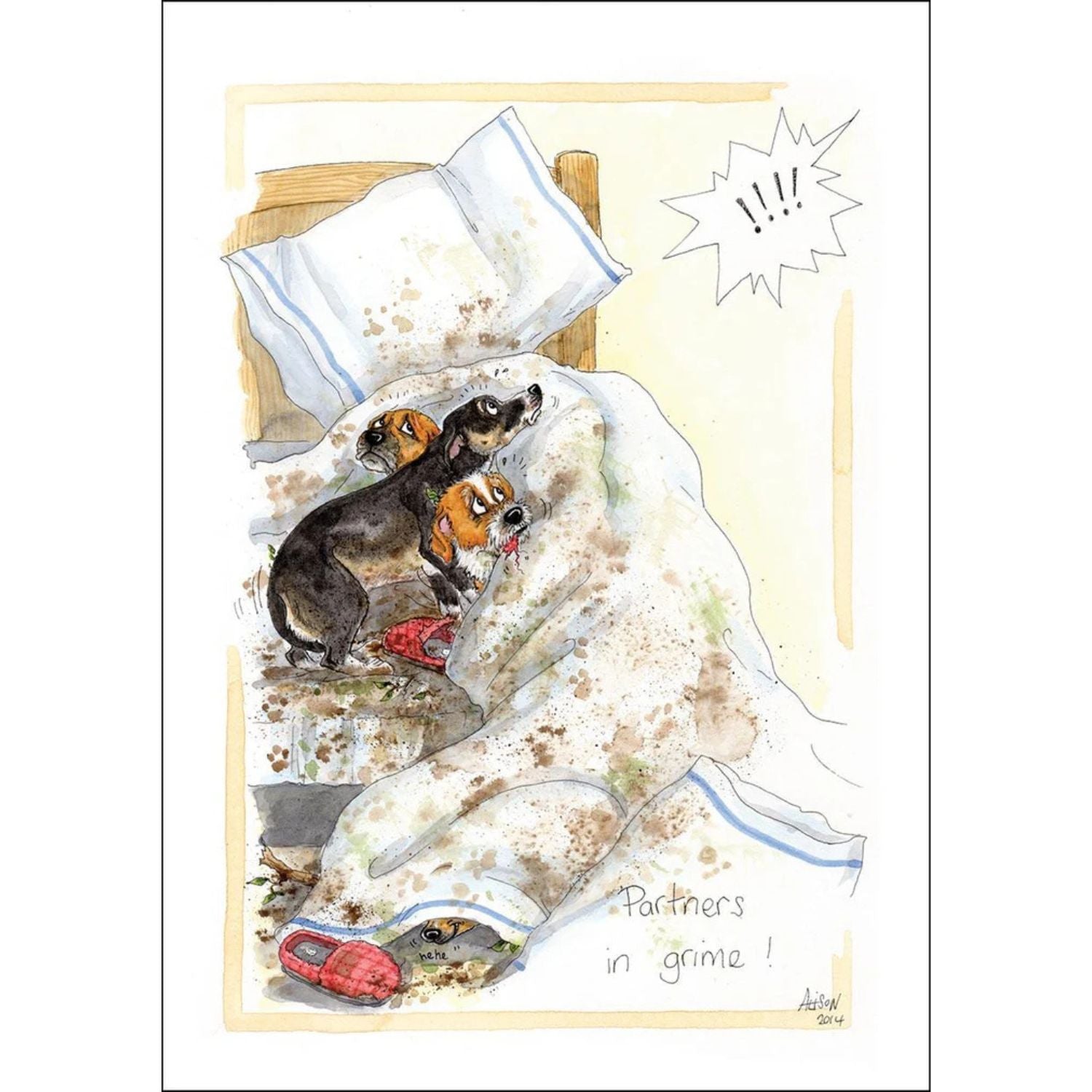 a cartoon showing three dogs climbing all over their owners bed with muddy paws