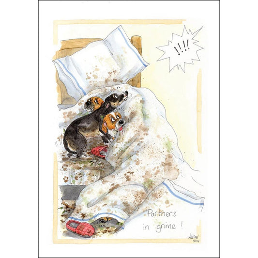 greeting card by alisons animals with a cartoon showing three dogs climbing all over their owners bed with muddy paws
