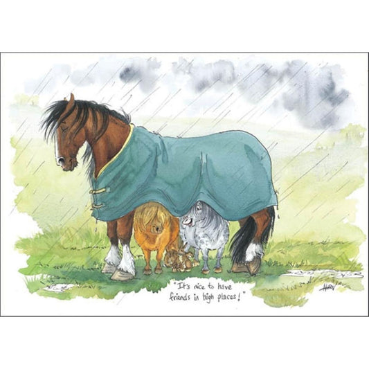 a cartoon showing two shetland ponies sheltering from the rain under the tummy of a large horse that is wearing a rug