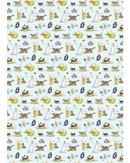 a sheet of gft wrapping paper featuring a variety of adorable cats ith flowers, bees and butterflies on a pale blue background 