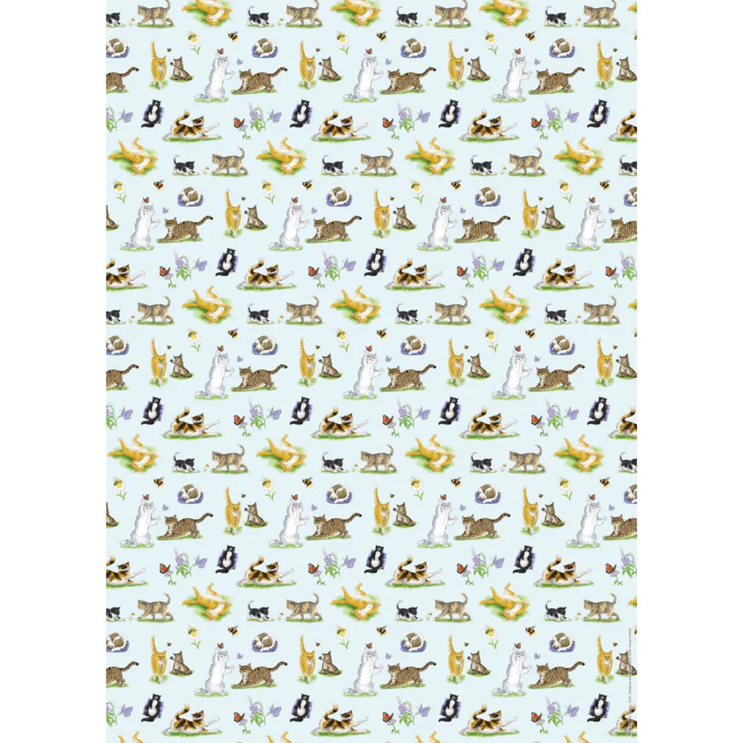 a sheet of gft wrapping paper featuring a variety of adorable cats ith flowers, bees and butterflies on a pale blue background 