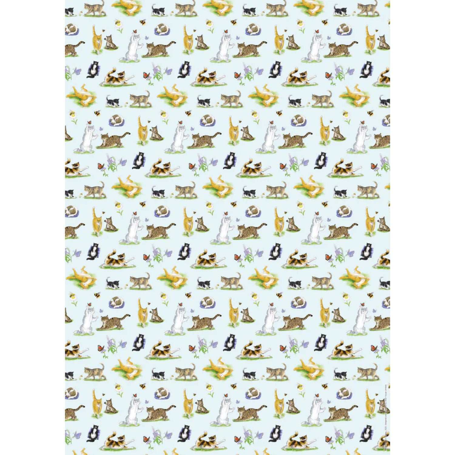 a sheet of gft wrapping paper featuring a variety of adorable cats ith flowers, bees and butterflies on a pale blue background 