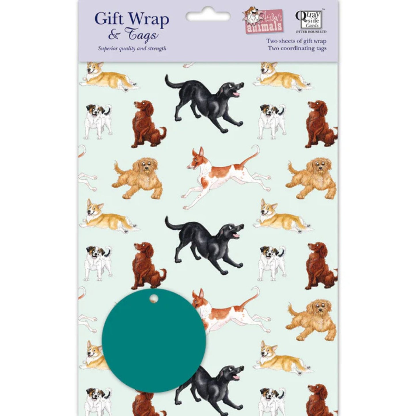 a pack of gift wrap and labels featuring a variety of adorable energetic dogs on a pale aqua background with a round teal label