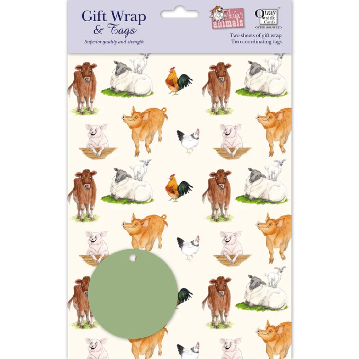 a pack of gift wrapping paper design features a range of charming farm animals including cows, pigs, sheep and chickens on a cream background with a round green gift label