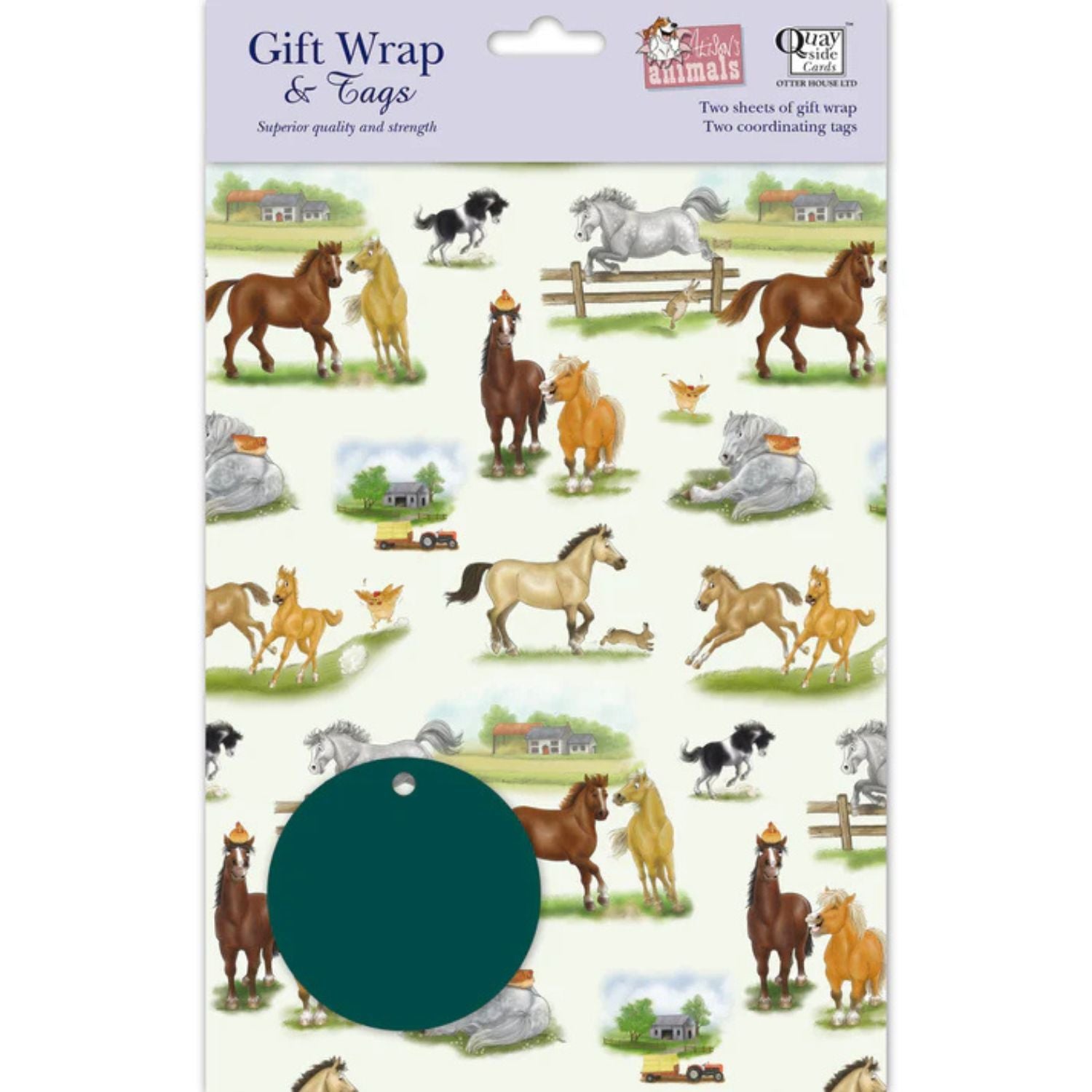 a pack of gift wrapping paper featuring a variety of lively cheeky ponies and horses on a pale  background with a round green gift label