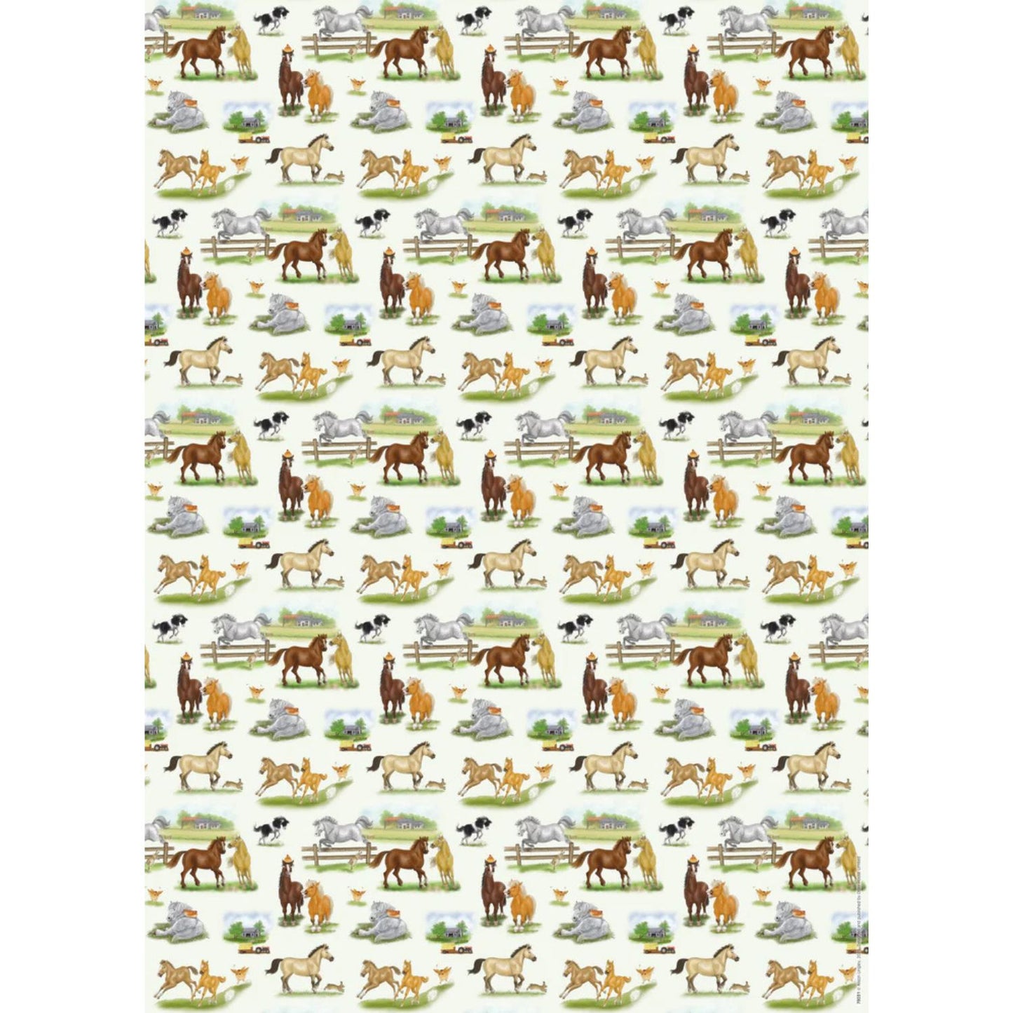 a sheet of gift wrapping paper featuring a variety of lively cheeky ponies and horses on a pale  background 