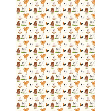 a sheet of wrapping paper featuring a range of charming farm animals including cows, pigs, sheep and chickens on a cream background 