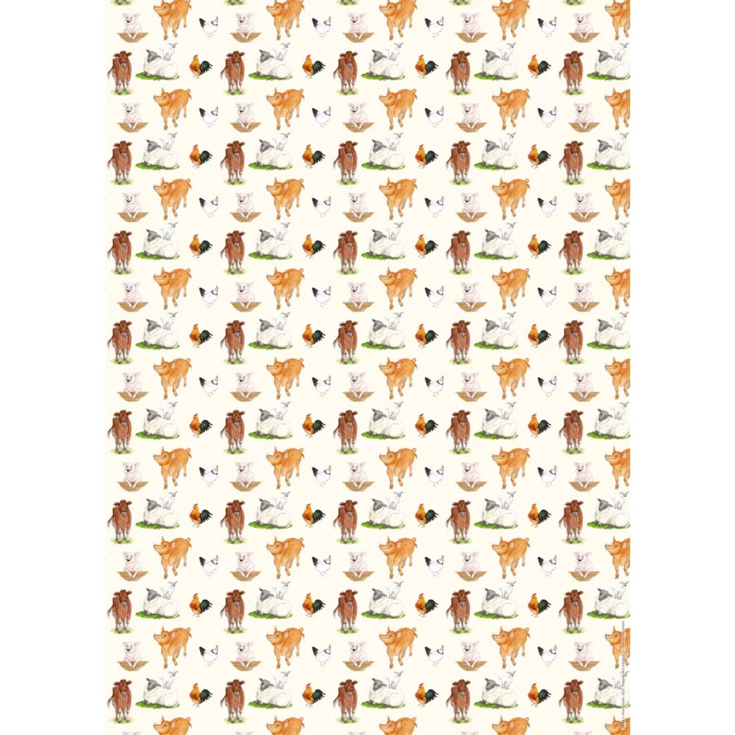 a sheet of wrapping paper featuring a range of charming farm animals including cows, pigs, sheep and chickens on a cream background 