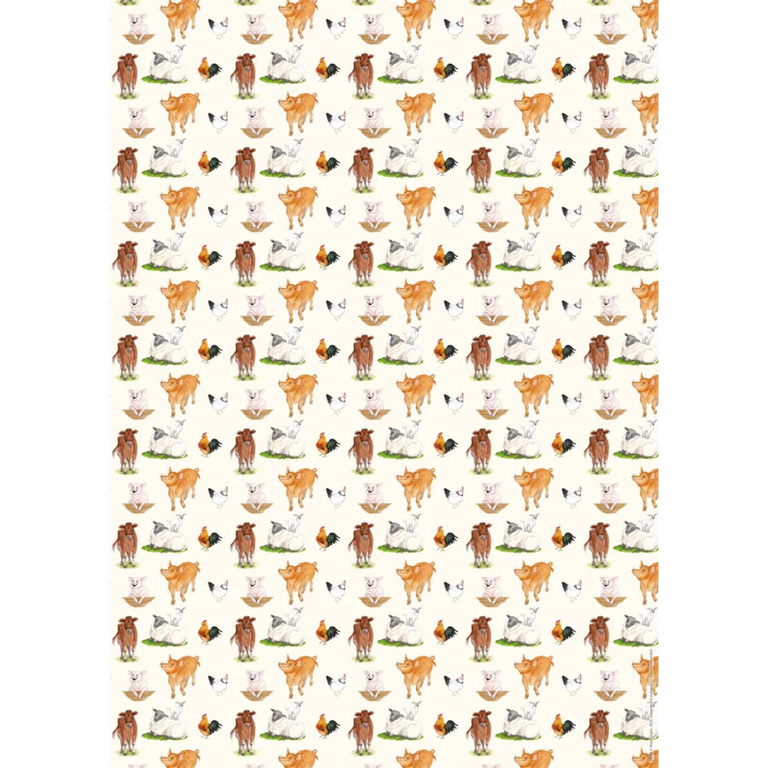 a sheet of wrapping paper featuring a range of charming farm animals including cows, pigs, sheep and chickens on a cream background 