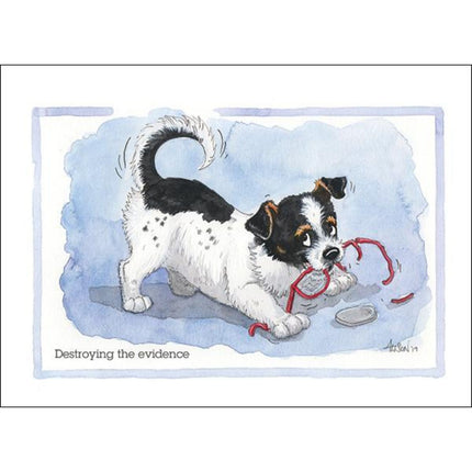 a cartoon showng a dog chewing their owners glasses