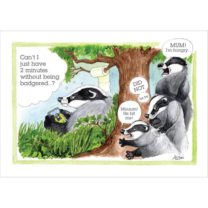 funny greeting card from alisons animals with a cartoon showng a mum badger trying to get some peace from her bickering cubs