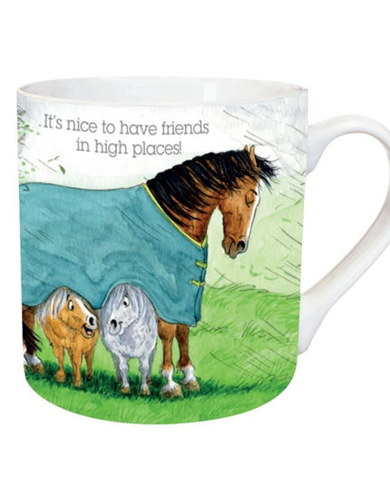 The Alisons Animals Horse Mug Gift Boxed features a large horse in a blue blanket beside two ponies on green grass, with the phrase Its nice to have friends in high places!â€”perfect for animal lovers.